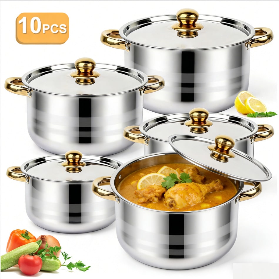 Home Cooking Set - ชุดหม้อสแตนเลสสตีล ชุดเครื่องครัวหรูหราทันสมัย ตัวหม้อสีเงิน ด้ามจับสีทอง ชุด 10